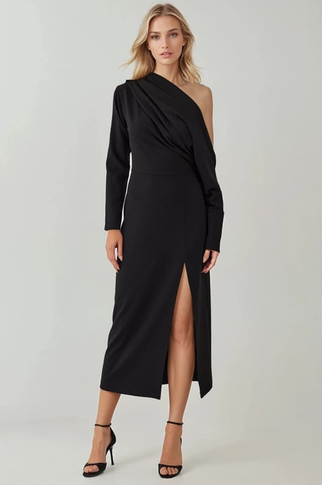 Asymmetrische Kraag Bodycon Midi Jurk met Splits - Image 1