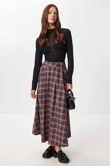 Geruite Hoge Taille Plissé Midi Rok - Image 1