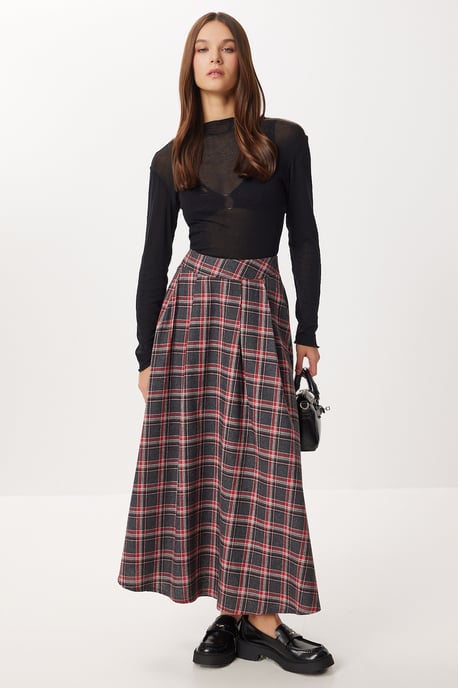 Geruite Hoge Taille Plissé Midi Rok - Image 2