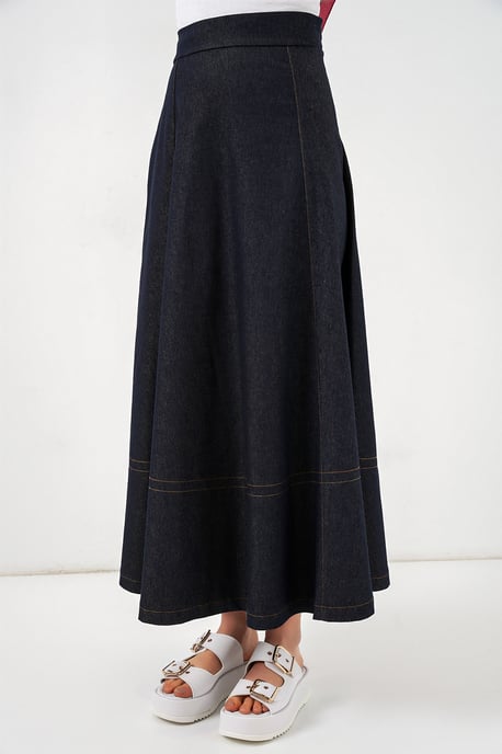 Hoge Taille Denim A-Lijn Maxi Rok met Zakken - Image 2