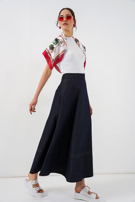 Hoge Taille Denim A-Lijn Maxi Rok met Zakken - Image 3