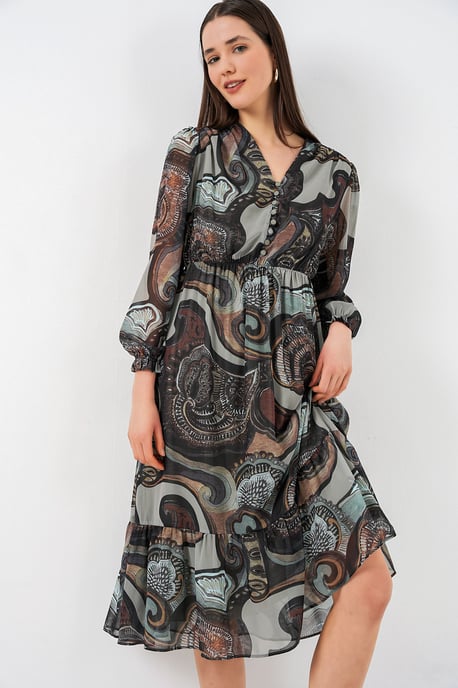 V-hals Midi-jurk met knoopsluiting - Image 1