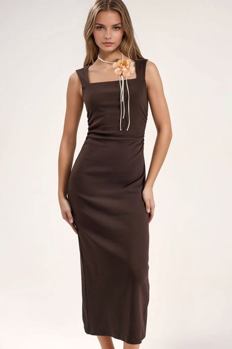 Vierkante Kraag Bodycon Midi-jurk met Splits - Image 1