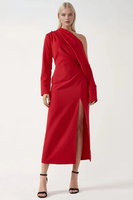 Asymmetrische Kraag Bodycon Midi Jurk met Splits - Image 1