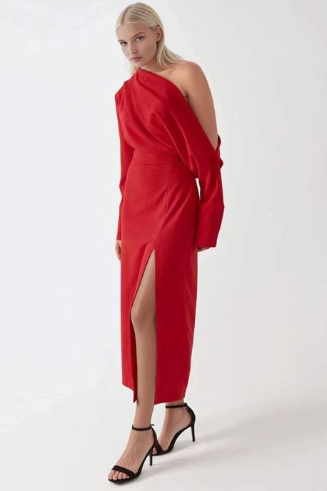 Asymmetrische Kraag Bodycon Midi Jurk met Splits - Image 4