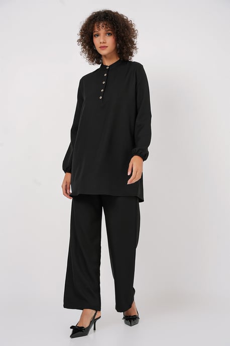 Gestructureerde Linnenmix Langsleevetunika en Wijde Pantalon Set - Image 1