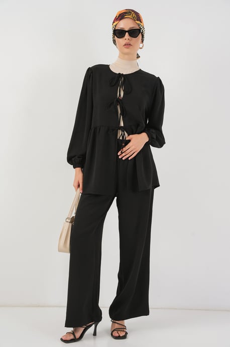 Ronde Hals Lange Tuniek en Wijde Pantalon Set - Image 1