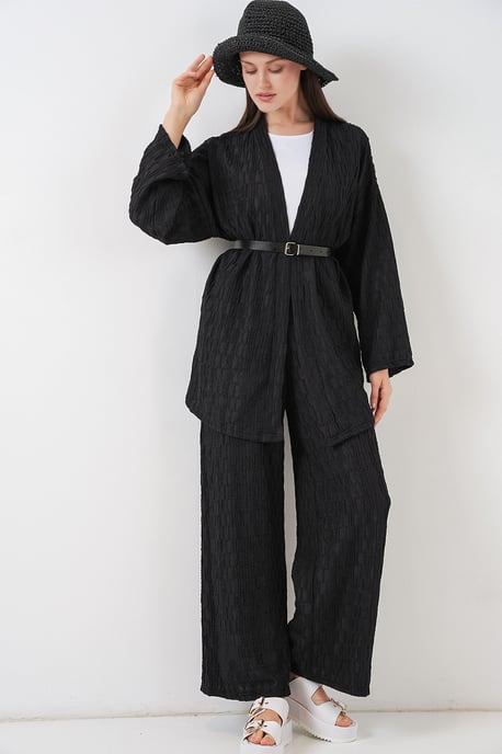 Textuur Kraag Kimono Broek Set - Image 1