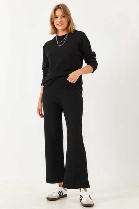 Geribbelde Textuur Crew Neck Trui en Broeken Set - Image 2