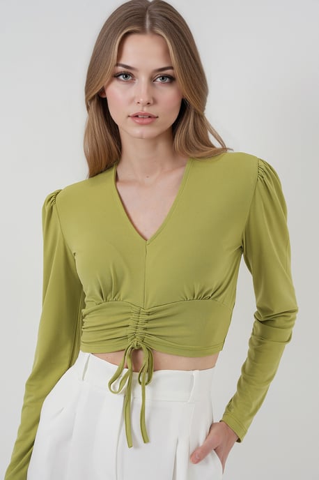 Gestreepte V-Hals Crop Top met Rimpeldetails - Image 2