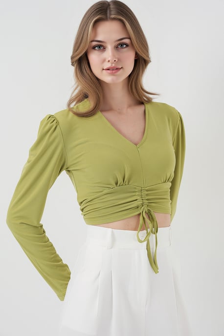 Gestreepte V-Hals Crop Top met Rimpeldetails - Image 3