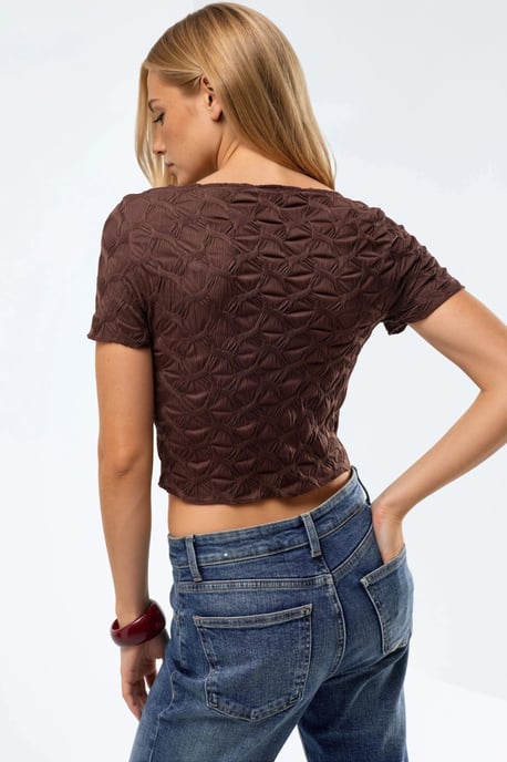 Korte Mouwen Textuur Boothals Slim Fit Cropped T-Shirt - Image 4