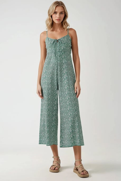 Wijde Been Bloemen Gebreide Jumpsuit met V-Hals - Image 1