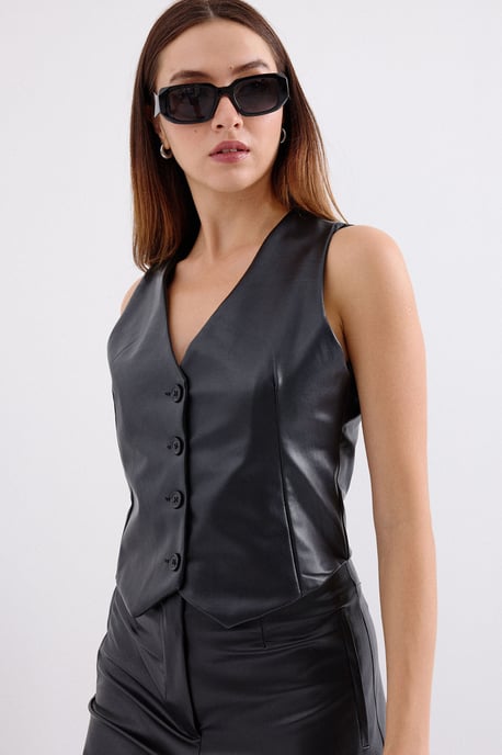 Faux leren V-hals knooploze cropped vest - Image 4