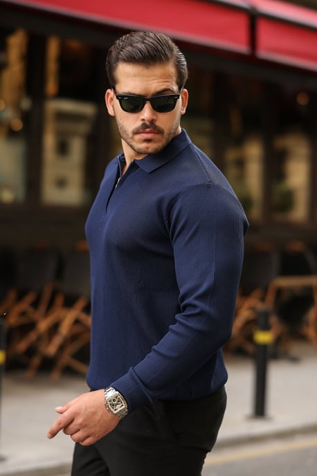 Slim Fit Gebreide Polo Kraag Trui met Rits - Image 2