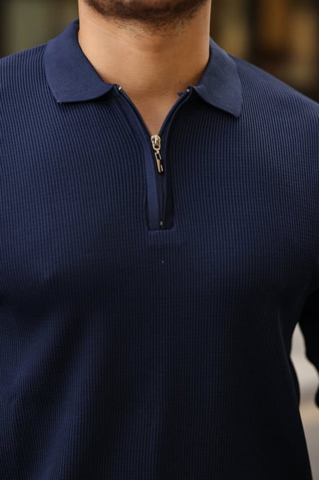 Slim Fit Gebreide Polo Kraag Trui met Rits - Image 3