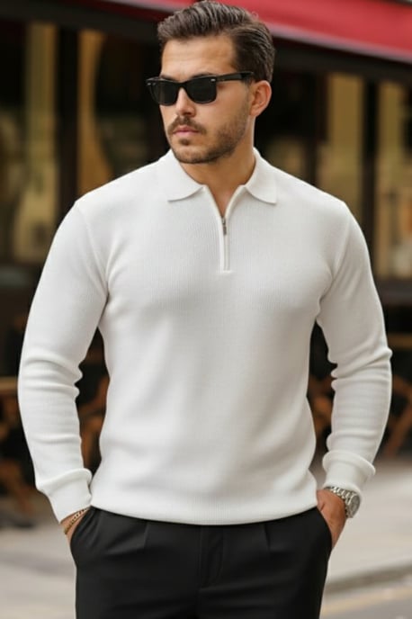 Slim Fit Gebreide Polo Kraag Sweater met Rits - Image 3