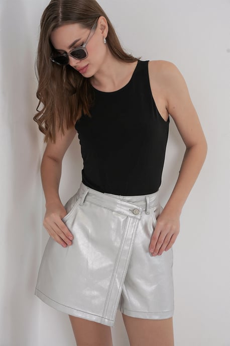 Hoge Taille Metallic Fabric Mini Skorts met Knopen Sluiting - Image 3