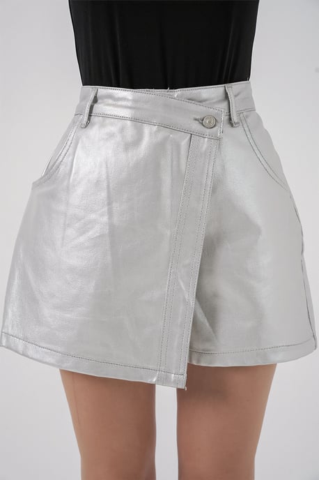 Hoge Taille Metallic Fabric Mini Skorts met Knopen Sluiting - Image 4