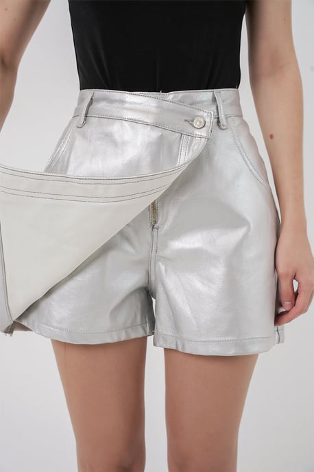Hoge Taille Metallic Fabric Mini Skorts met Knopen Sluiting - Image 5