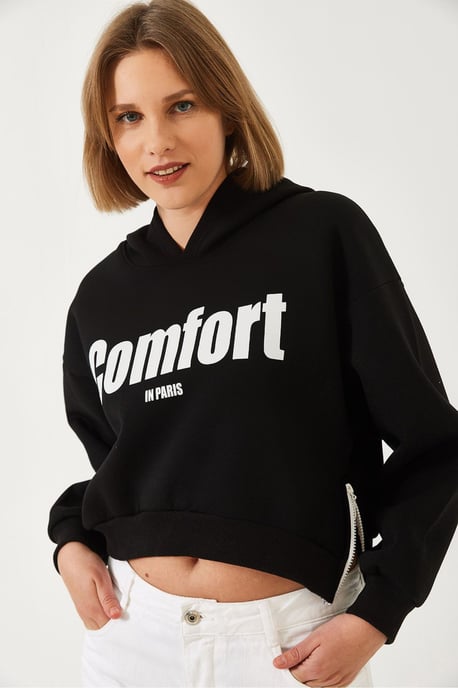 Hooded Oversized Crop Sweatshirt met Pompom - Image 2