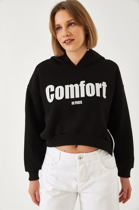 Hooded Oversized Crop Sweatshirt met Pompom - Image 3