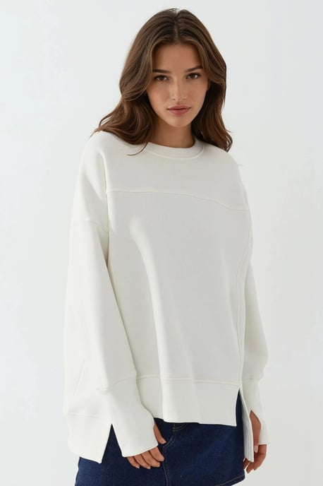Oversized Sweatshirt met Ronde Hals en Voorkantssplit Wit - Image 1
