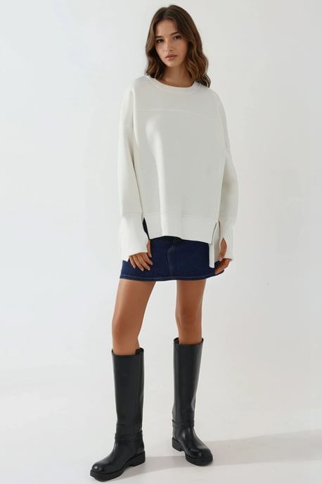 Oversized Sweatshirt met Ronde Hals en Voorkantssplit Wit - Image 3