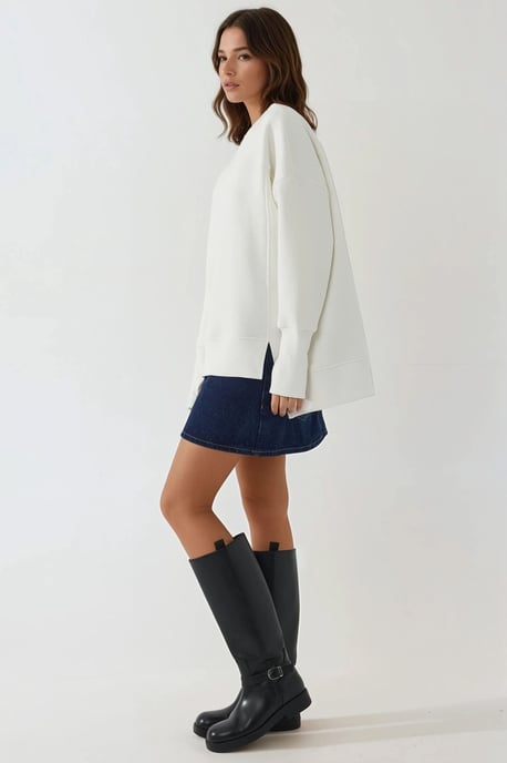 Oversized Sweatshirt met Ronde Hals en Voorkantssplit Wit - Image 5