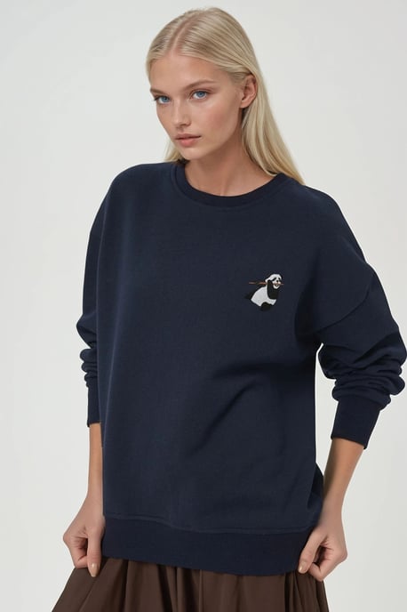 Comfort Dierpatroon Geborduurd Verhoogd Ronde Hals Sweatshirt - Image 5