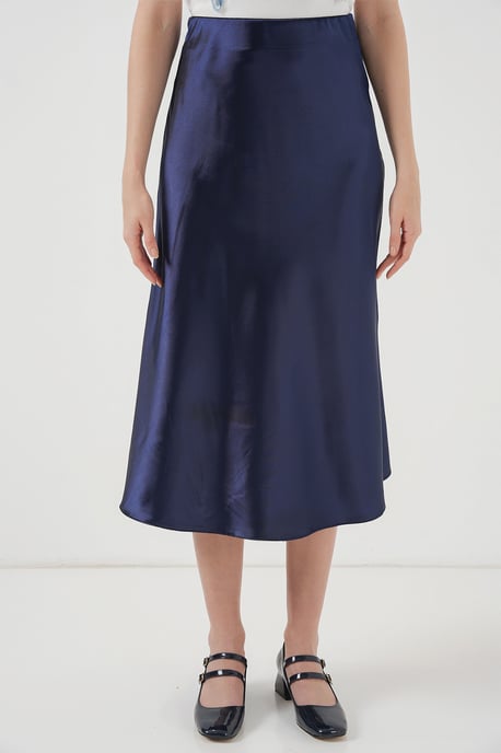 Satin A-Lijn Elastische Taille Midi Rok - Image 1