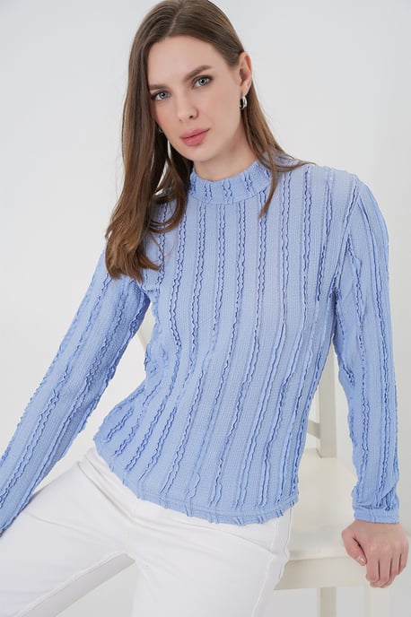 Gestructureerde Slim Fit Halflange Turtleneck Blouse - Image 3