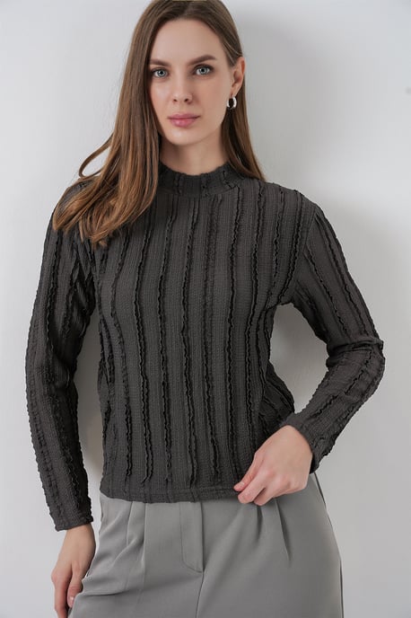 Gestructureerde Slim Fit Halve Turtleneck Blouse - Image 1