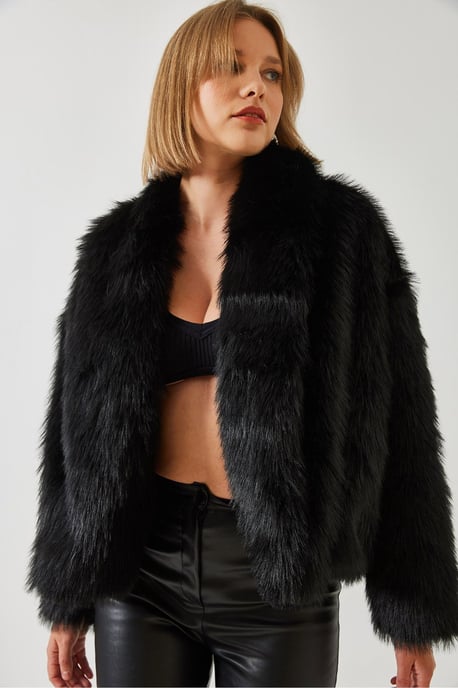 Faux Bont Cropped Open Kraag Jas - Image 4
