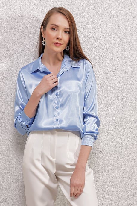 Satin Lange Mouw Knop-Up Shirt - Image 3