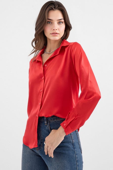 Satin Lange Mouw Knop-Up Shirt - Image 1
