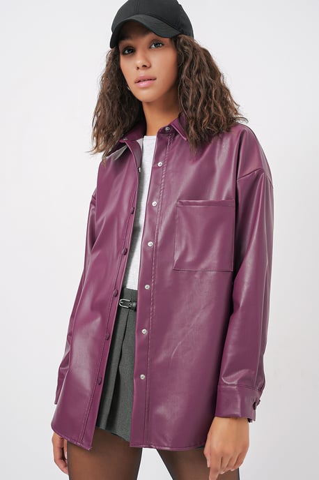 Oversized Faux Leather Lange Mouwen Overhemd met Knopen en Zak - Image 1