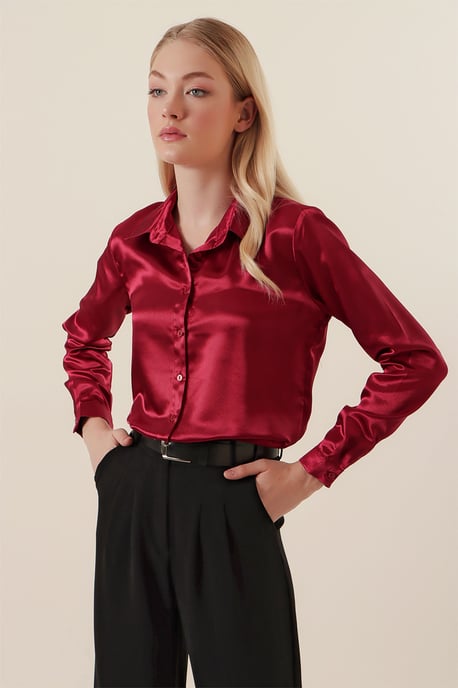 Satin Lange Mouw Knop-Up Shirt - Image 3