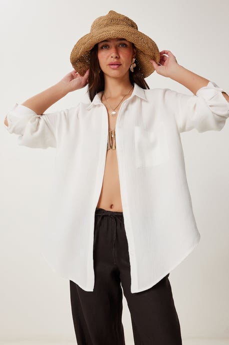 Overmaatse Textuur Katoenen Shirt met Pocket - Image 3