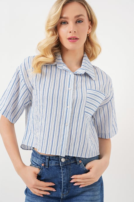 Gestreept Crop Shirt met Pocket - Image 1
