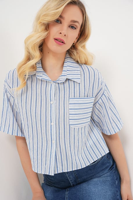 Gestreept Crop Shirt met Pocket - Image 4