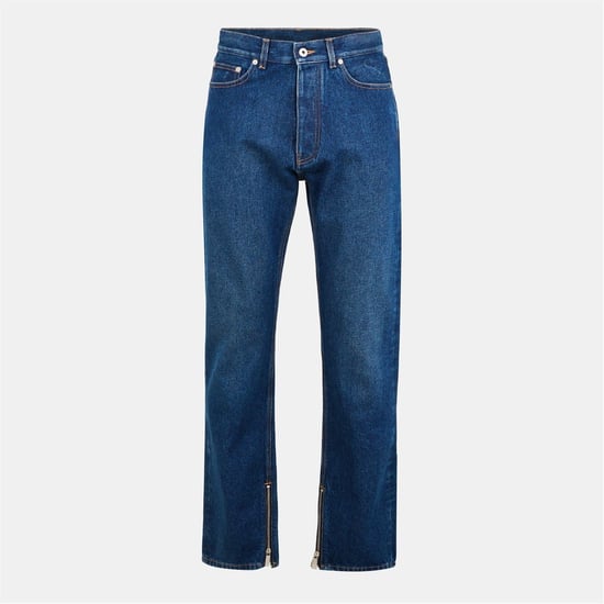 Men's Off White Five Pocket Straight Leg Jeans in Medium Blue - Image 1