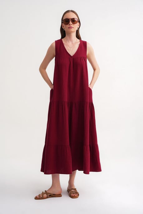 Mouwloze V-hals Muslin Midi Jurk met Zakken - Image 3