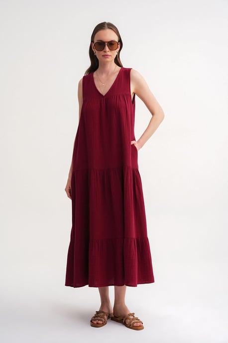 Mouwloze V-hals Muslin Midi Jurk met Zakken - Image 4