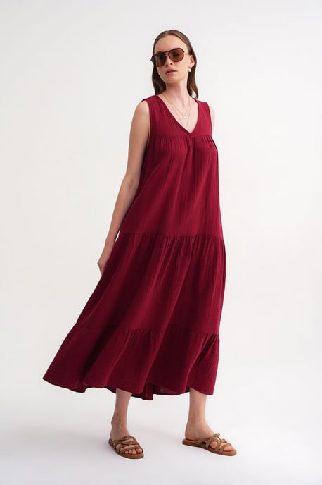 Mouwloze V-hals Muslin Midi Jurk met Zakken - Image 5
