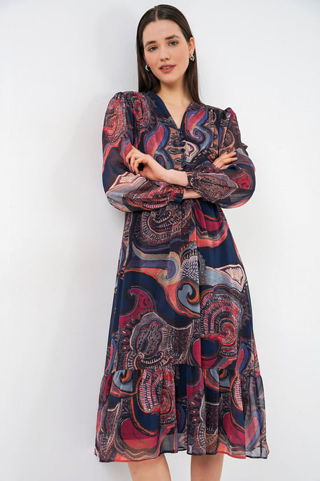 V-hals Midi-jurk met knoopsluiting - Image 1