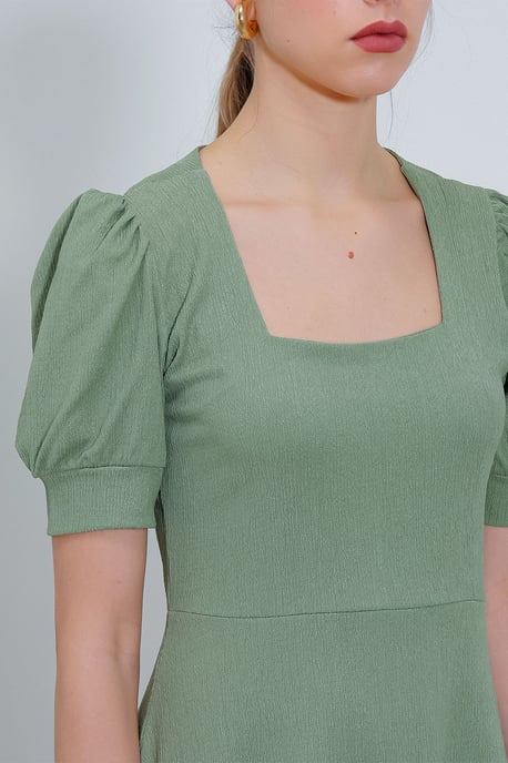 Gestructureerde Vierkante Kraag Mini Brei Jurk - Image 4