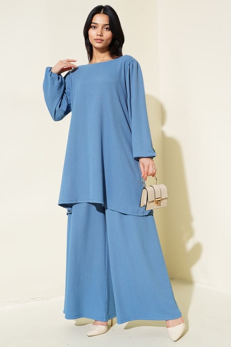 Gestructureerde Tuniek met Lange Mouwen en Wijde Broek Set - Image 1