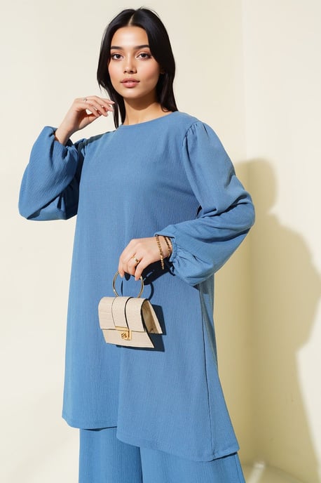 Gestructureerde Tuniek met Lange Mouwen en Wijde Broek Set - Image 2