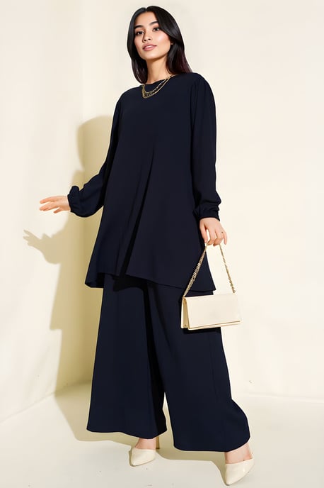 Geweven Lange Mouwen Tuniek en Wijde Pantalon Set - Image 1